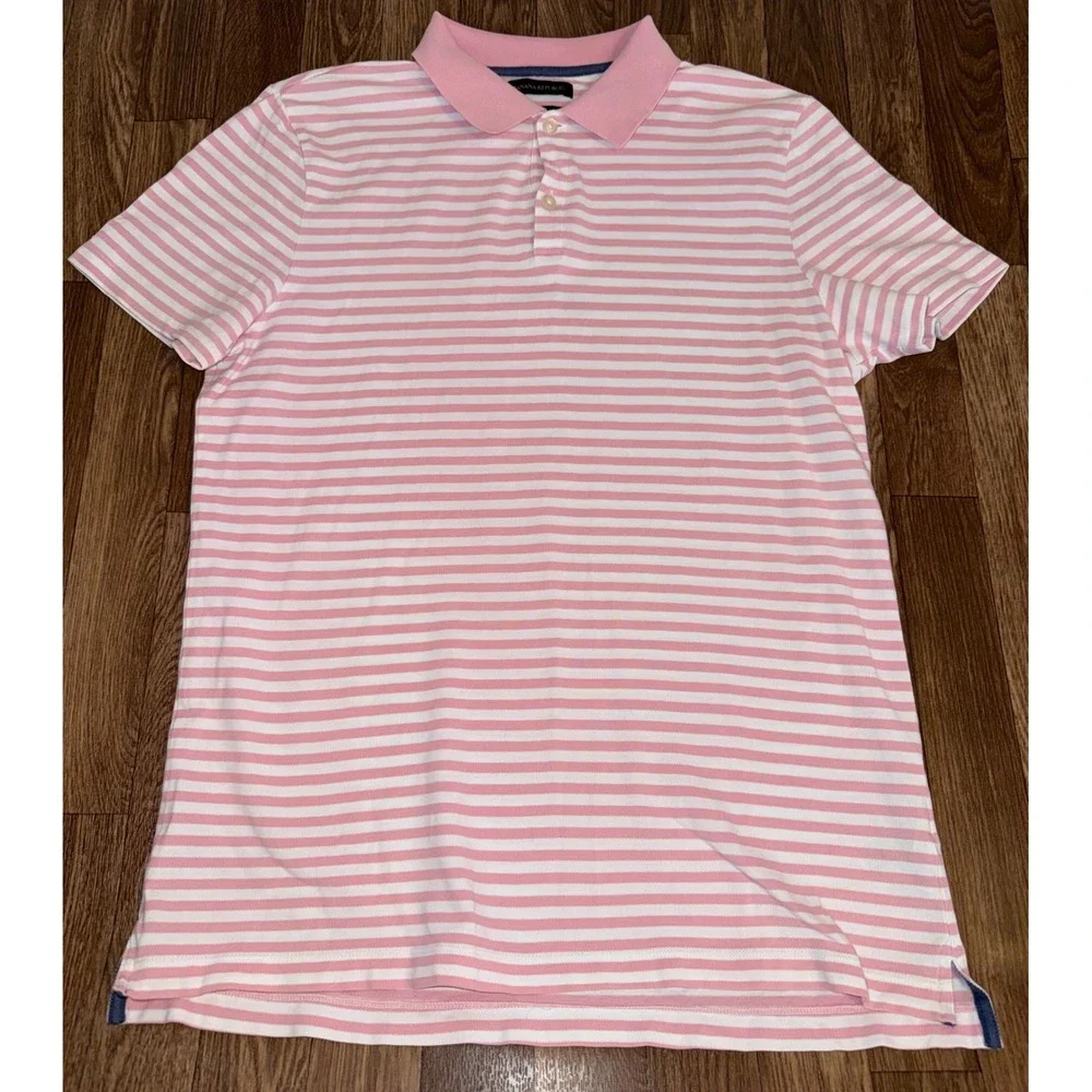 Banana Republic Mens L Pink White Striped Pique Polo Shirt Standard Fit 887858